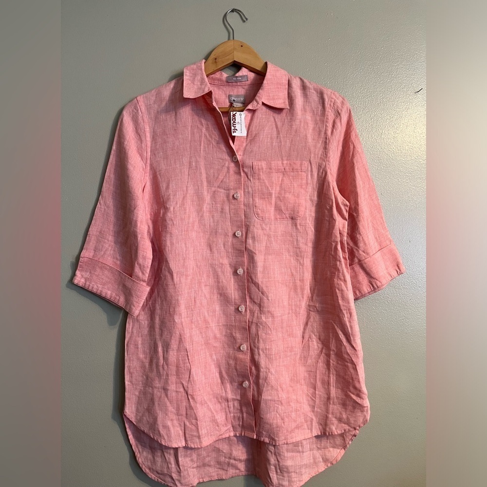 Chicos Womens No Iron 100% Linen Elbow Sleeve Button Up Shirt Pink Sz 0(4-6) NWT